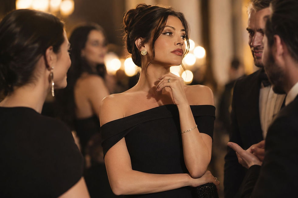 Elegant woman in a black off-shoulder gown chats at a formal gala, surrounded by guests and warm bokeh lights.