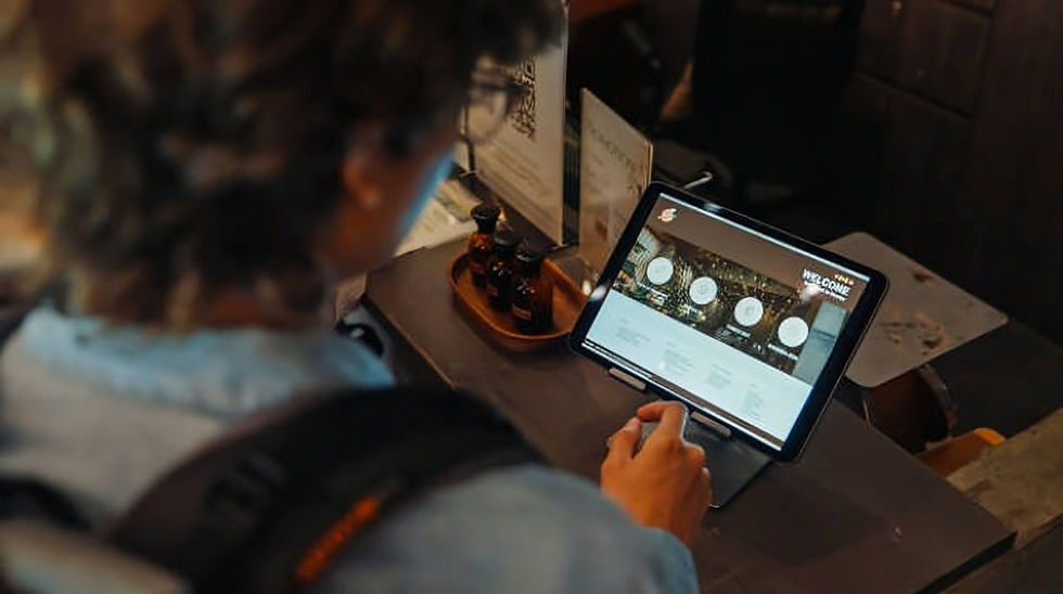 A person with curly hair uses a tablet displaying a menu in a dim café. Bottles and a sign are on the table. Mood is focused.