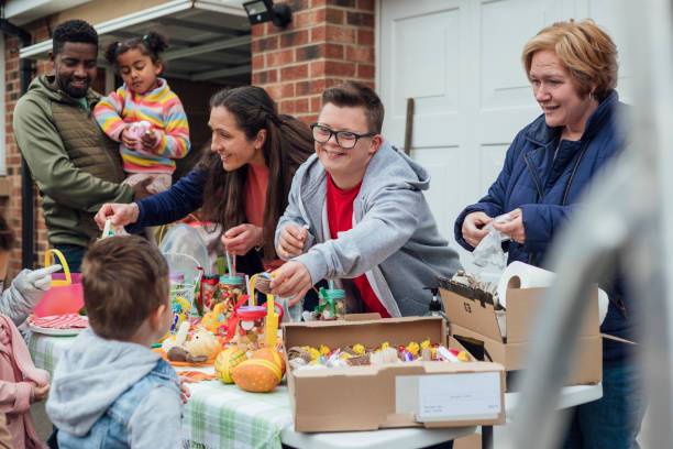family having an Easter yard sale in their garden in the North East of England
