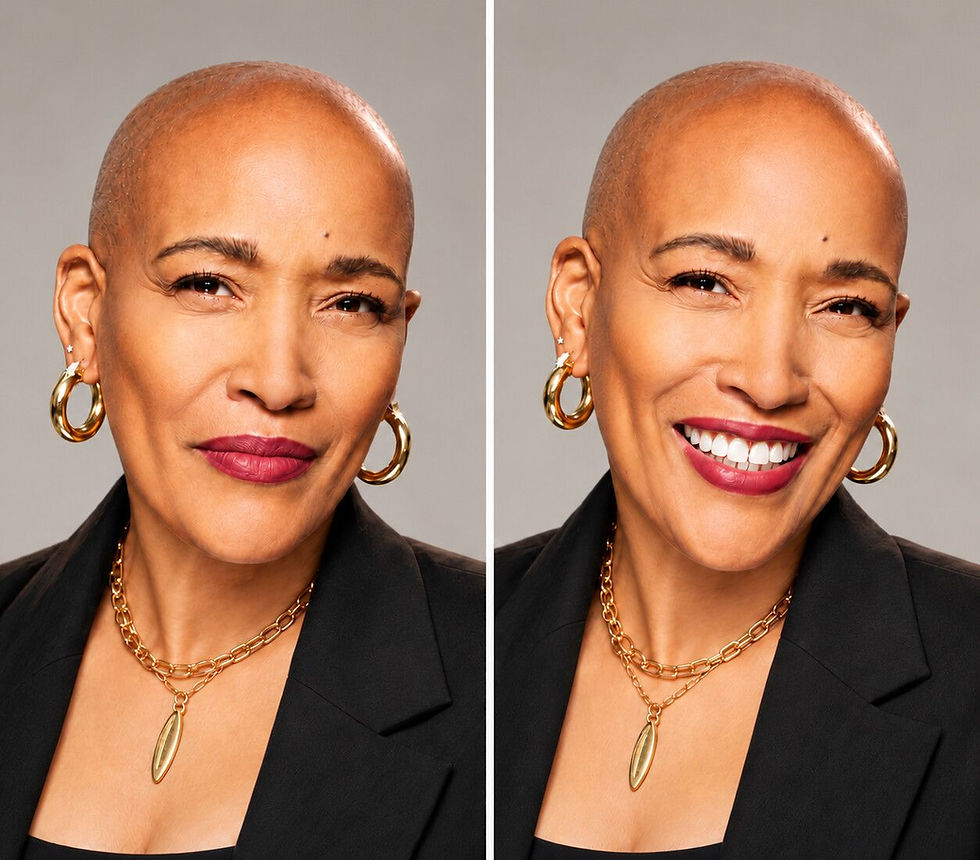Side-by-side studio portrait of a bald woman in a black blazer, gold hoops and necklace, neutral on left, smiling on right.