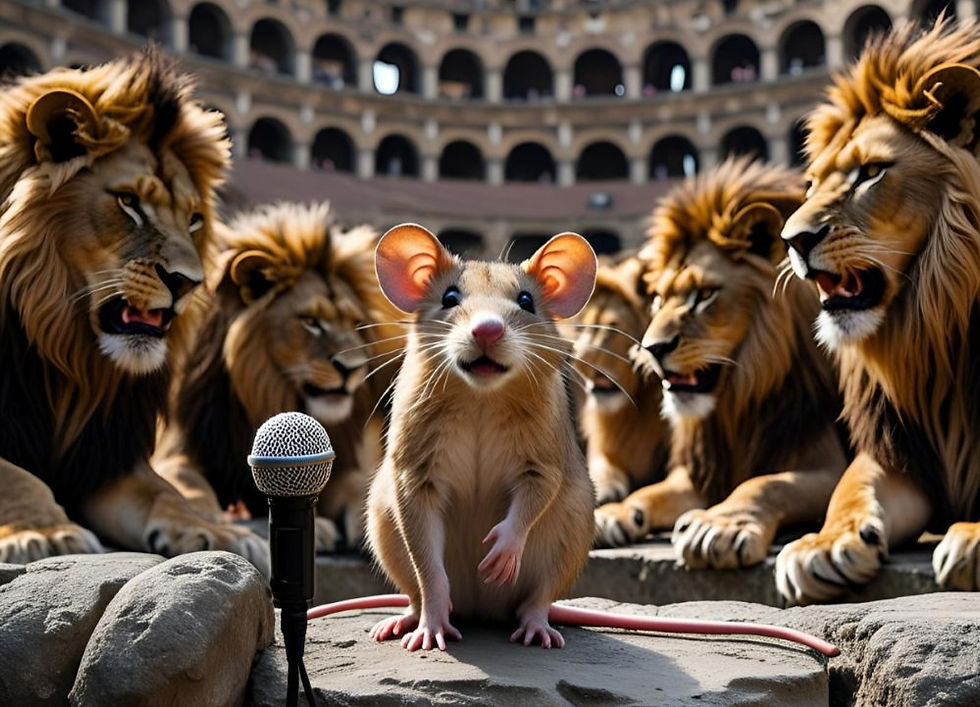 A mouse stands in front of a microphone, surrounded by several roaring lions in an arena.
