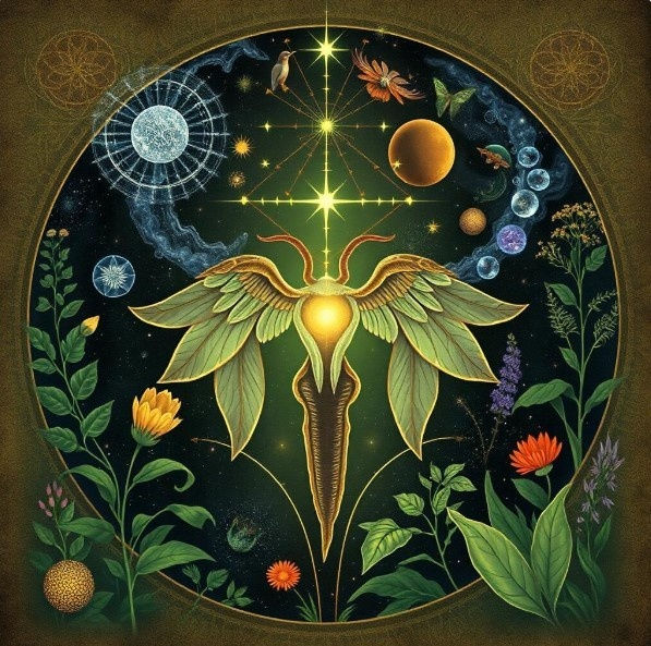 Mystical illustration of a winged figure amidst celestial symbols and vibrant flowers on a dark background. Cosmic and harmonious vibe.