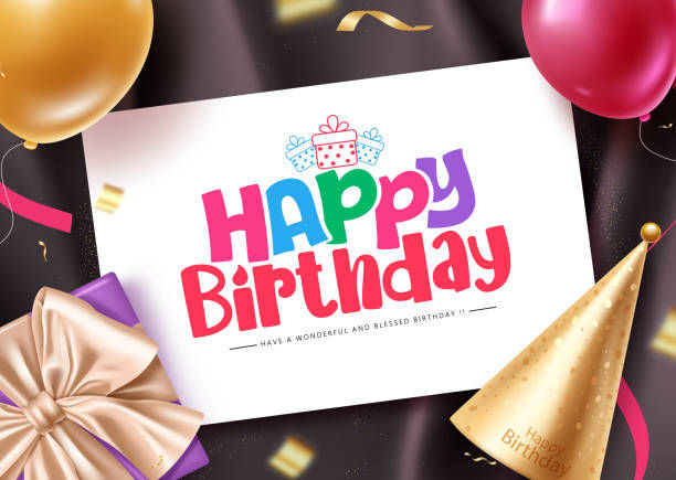 Colorful Happy Birthday card with gift icons, balloons, confetti, and party hats on a dark festive background.