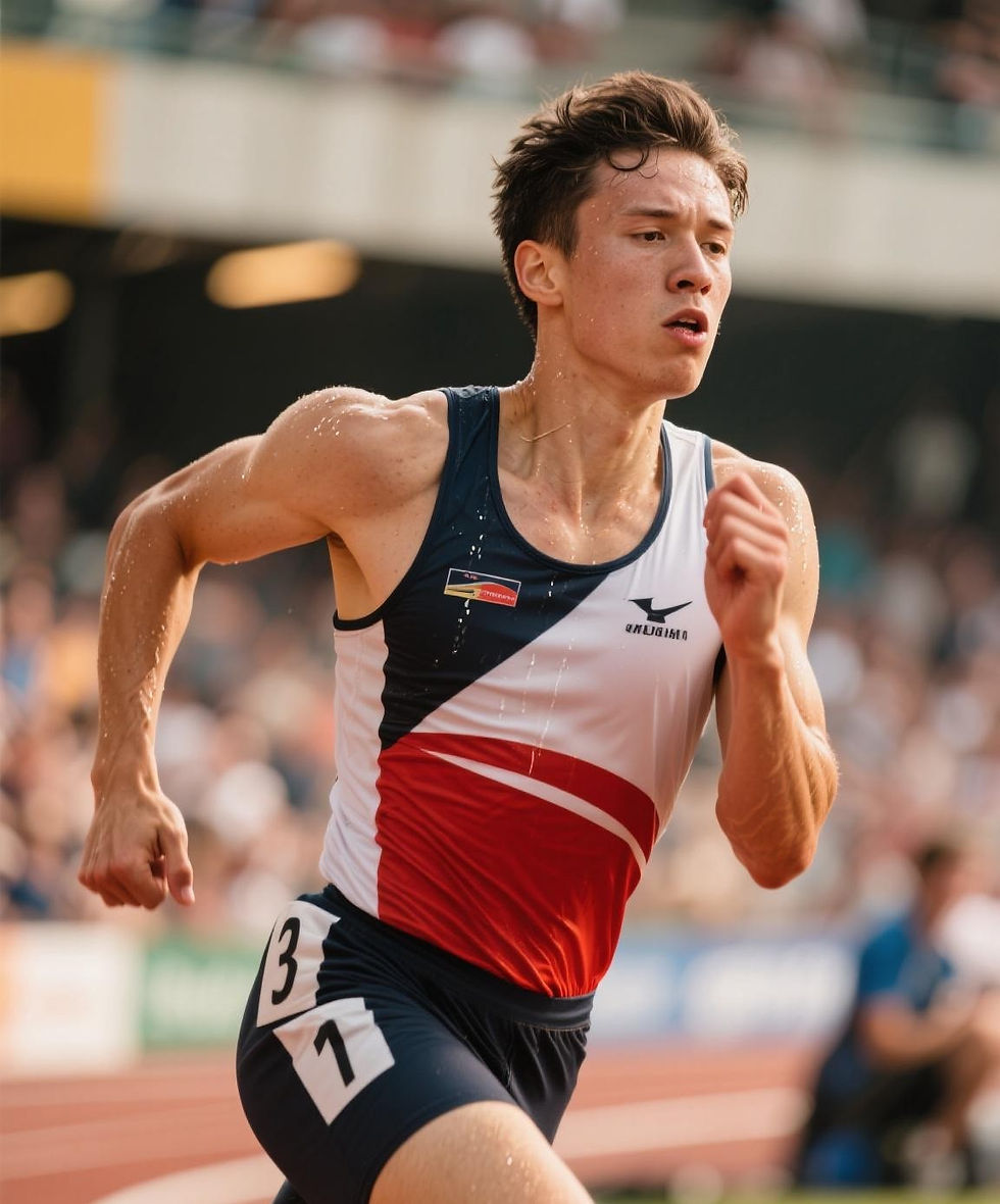 Athlete in a red, white, and blue uniform sprinting on a track, sweating under bright sun. Number 31 visible. Focused expression, blurred stadium.