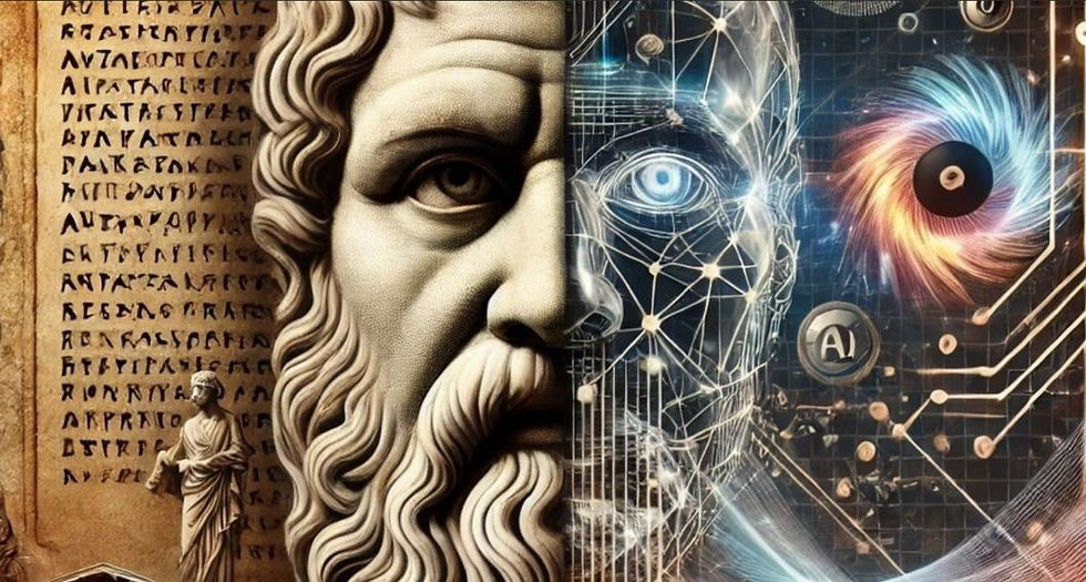 Ancient Greek statue morphs into AI robot; backdrop of Greek text, vibrant tech graphics, and digital patterns, merging past and future.