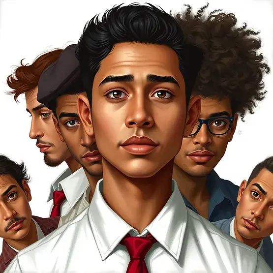 A group of diverse young men with varied hairstyles, dressed in ties and shirts, stand closely together against a plain white background.
