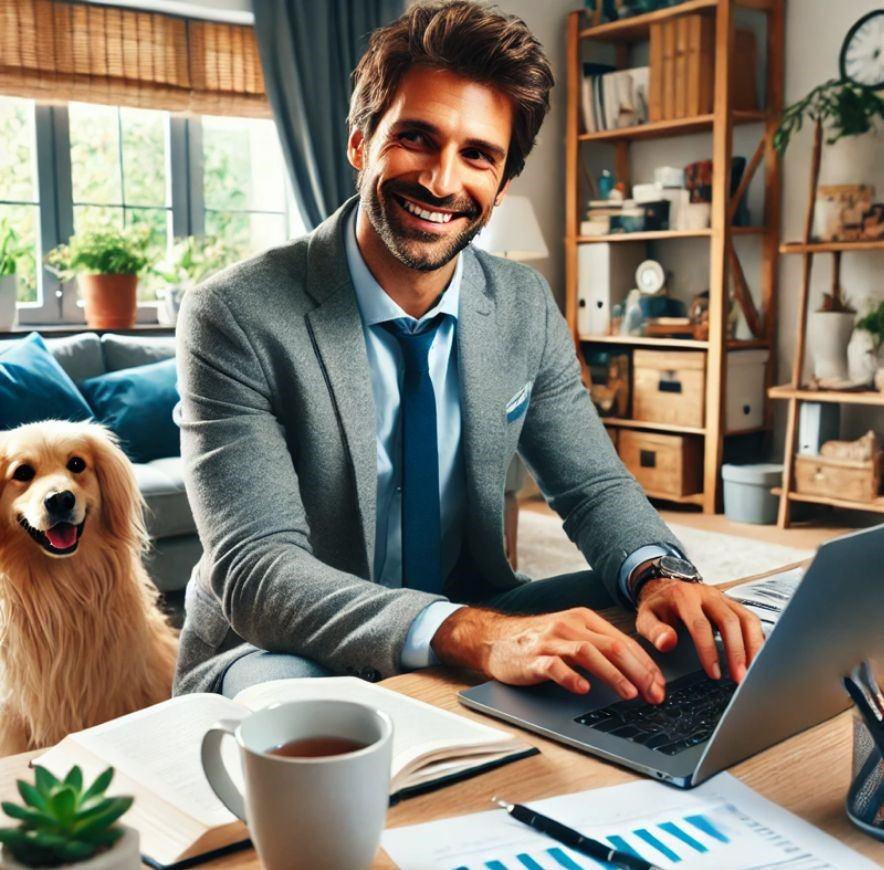 Smiling man in a gray suit works on a laptop at a desk, with a golden dog beside him. Bright room with bookshelves and potted plants.