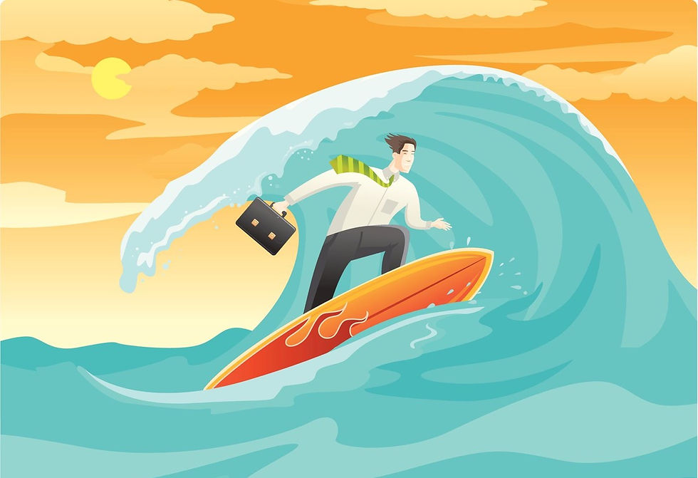 Businessperson surfing a large wave on an orange board, holding a briefcase. The sky is orange, creating a vibrant, adventurous mood.