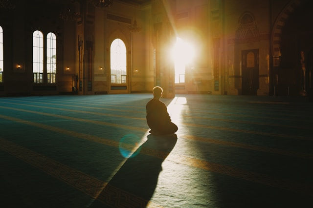Person kneeling in a sunlit hall with arched windows, casting a long shadow on the teal carpet. The mood is serene and contemplative.