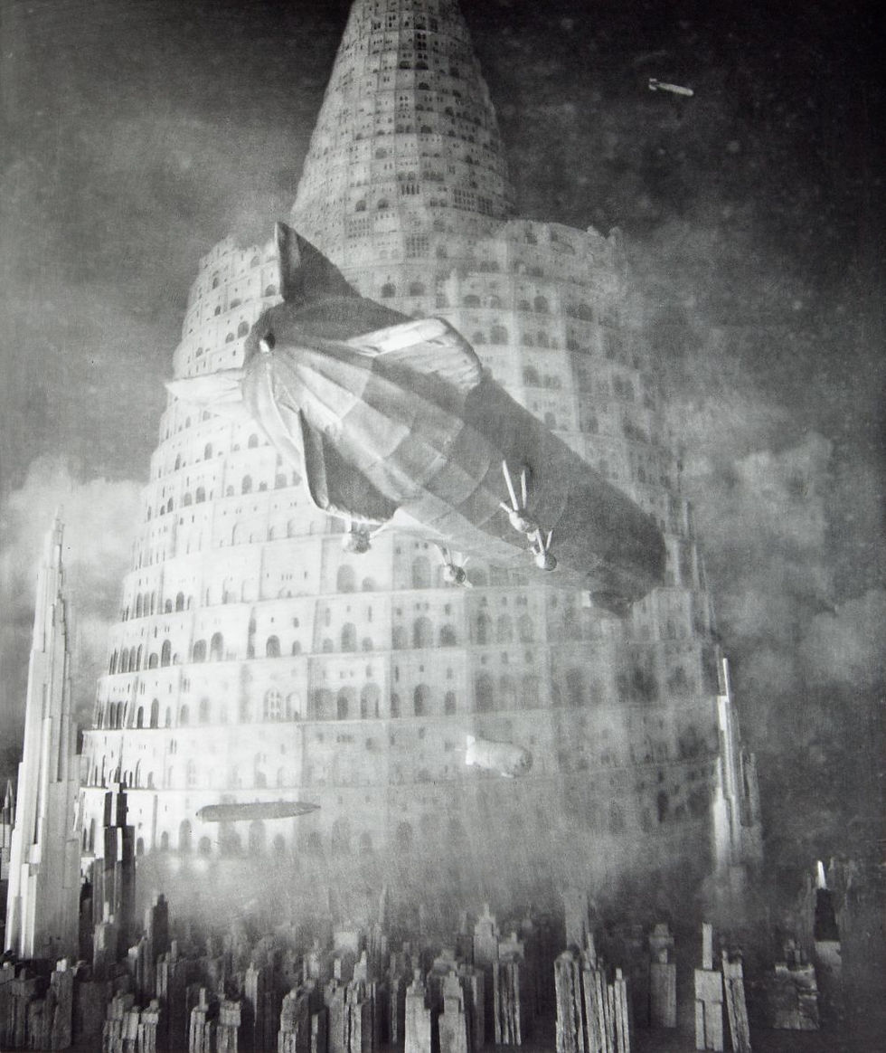 Black-and-white sci-fi scene of a giant tiered tower rising over a city, with a large airship flying in front.