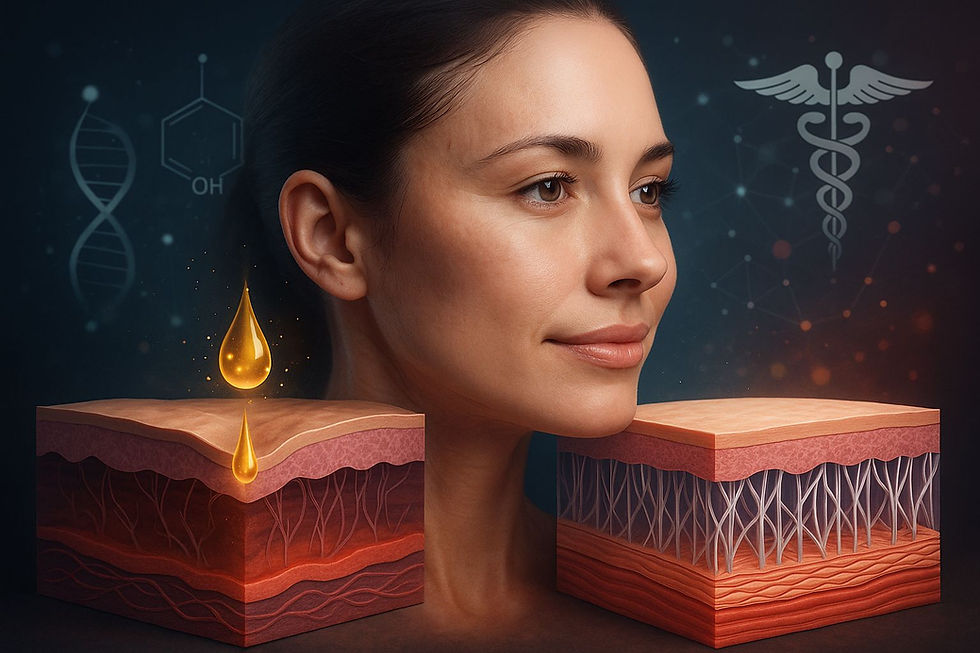 Smiling woman with skin layers, DNA, and caduceus symbols. Golden drop on skin, dark background. Focus on skincare and science.