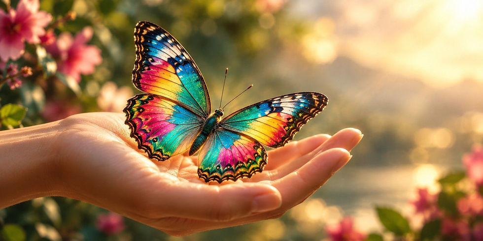 Rainbow butterfly resting on an open hand, with pink flowers and warm golden sunset bokeh in the background.