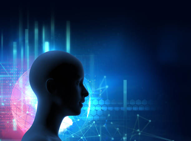 Silhouette of a head against a blue tech background with glowing graphs and nodes, creating a futuristic and thoughtful mood.