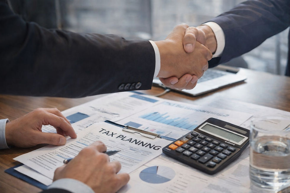 Two people in suits shake hands over a desk with tax planning documents, a calculator, and a glass of water, indicating a business agreement.