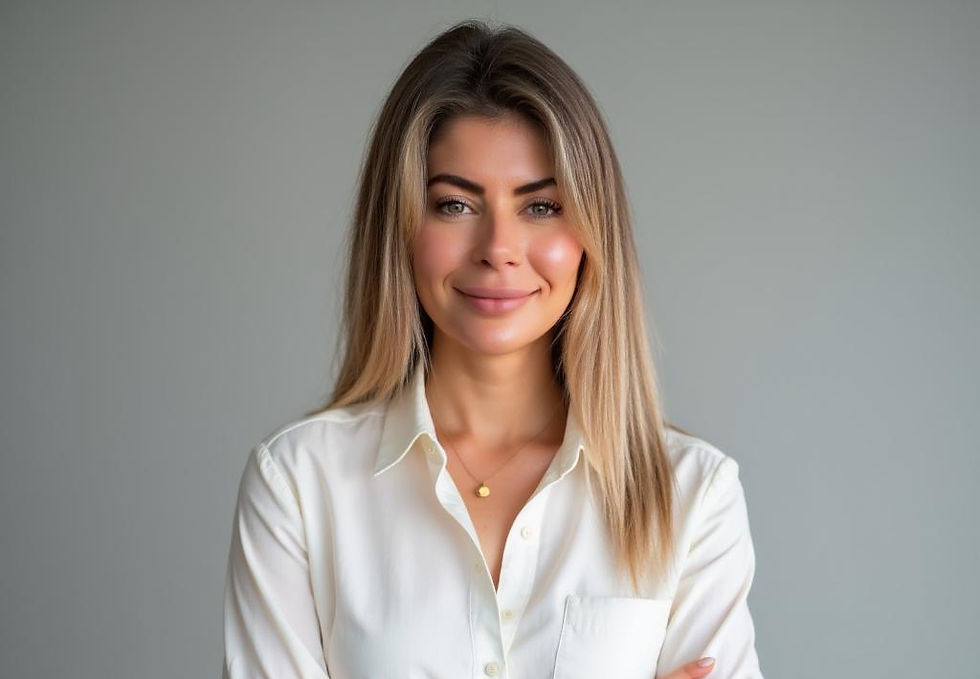 Smiling woman with long hair in a white shirt stands against a gray background. Appears calm and confident. No text visible.