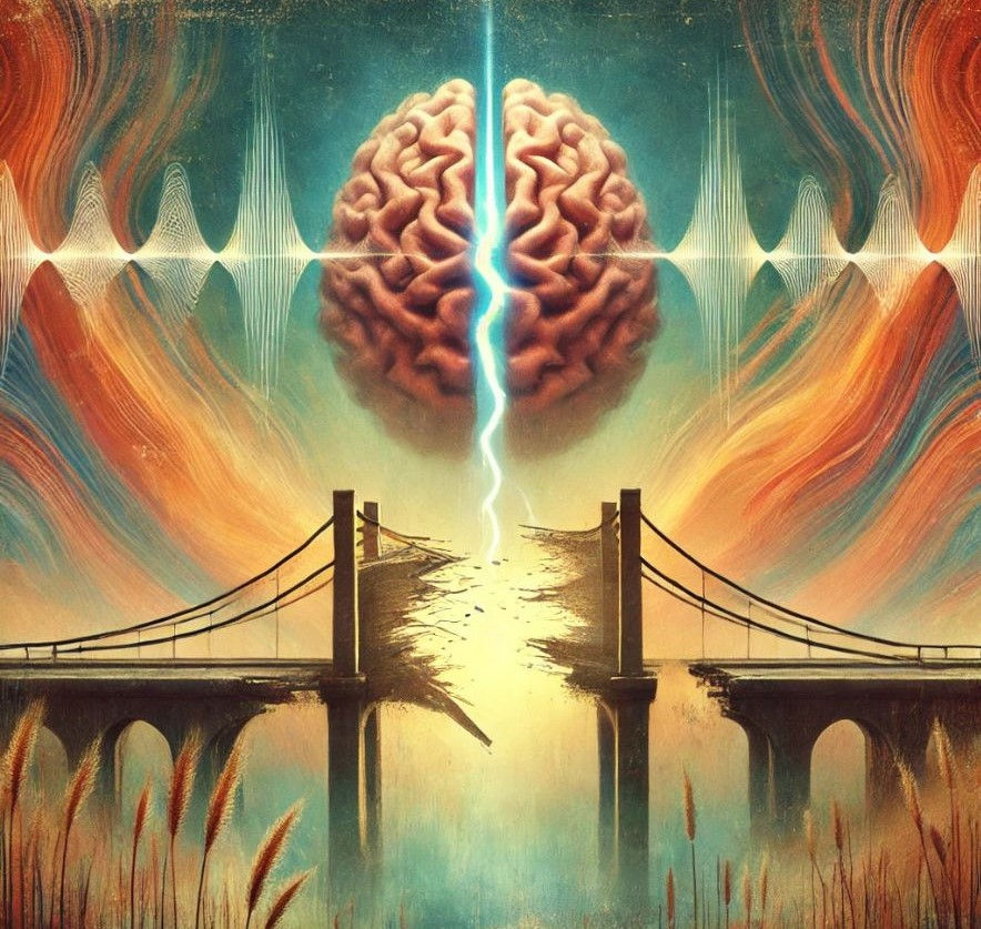 image of a brain suspended above a broken bridge, with a bolt of lightning splitting the brain in two,