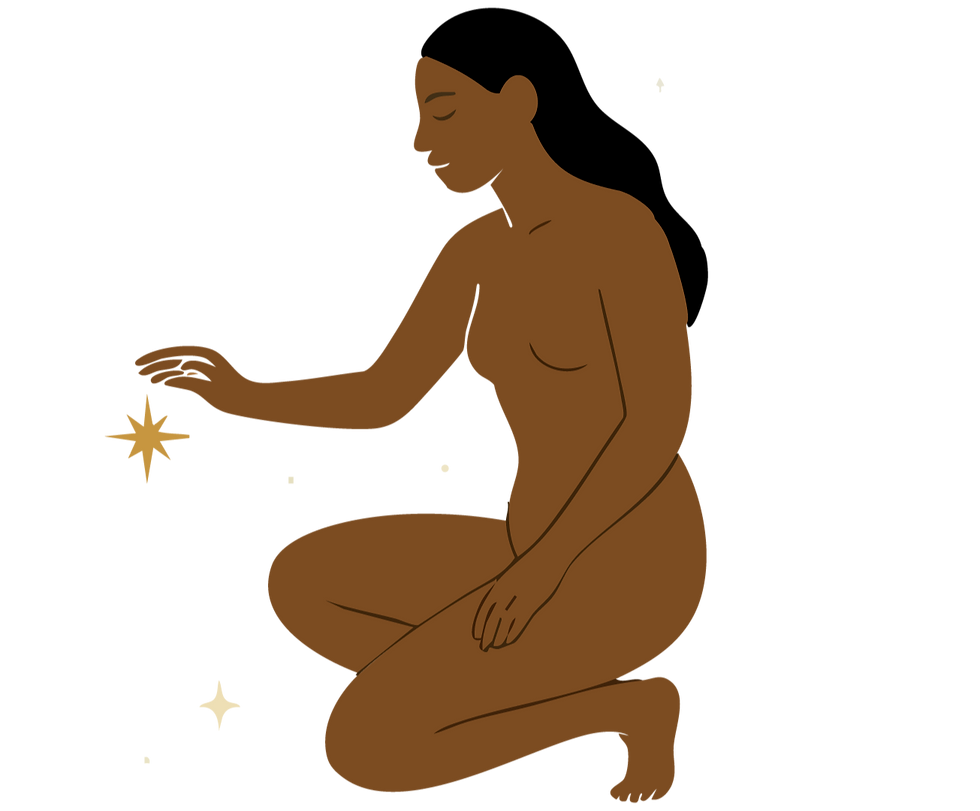 The image shows a minimalist illustration of a kneeling woman with closed eyes, gently reaching out her hand toward a glowing star, surrounded by smaller stars.