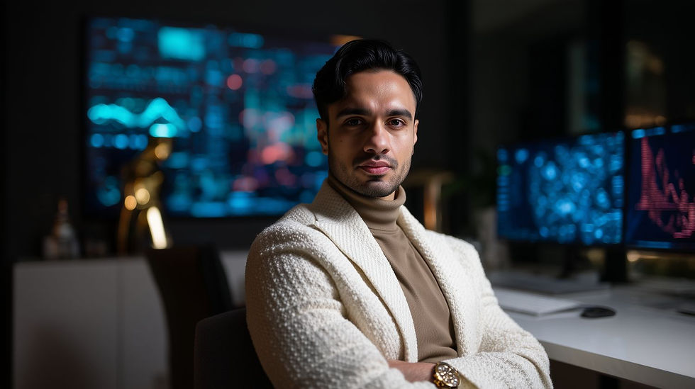 Hamza Baig in a beige turtleneck and white jacket sits confidently in an office with glowing monitors displaying charts and graphs in the background.