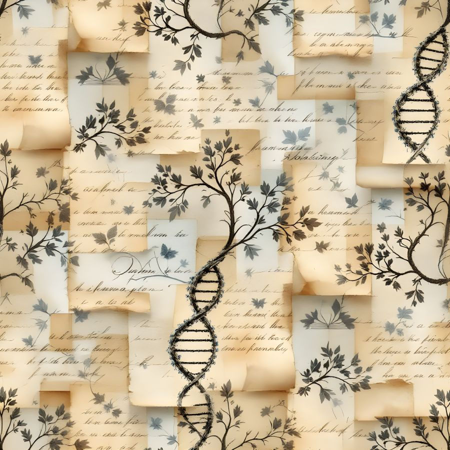 The image features an artistic collage of aged, handwritten script on parchment-like paper, overlaid with intricate black floral branches that intertwine to form DNA helix patterns.