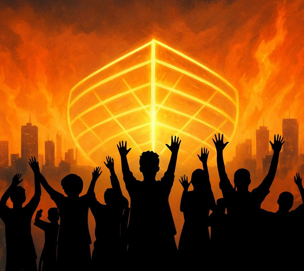 Silhouetted crowd raises hands before a glowing ark in a fiery cityscape. Intense orange and black colors create a dramatic mood.