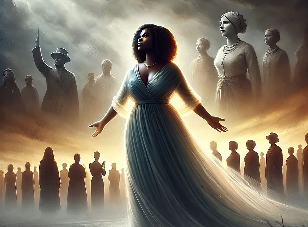 The image portrays a woman in a flowing gown standing in a glowing light, surrounded by ghostly figures from the past.