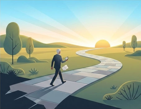 Suited man walks along a winding path toward a sunrise in a stylized green landscape, holding a clock and paper.