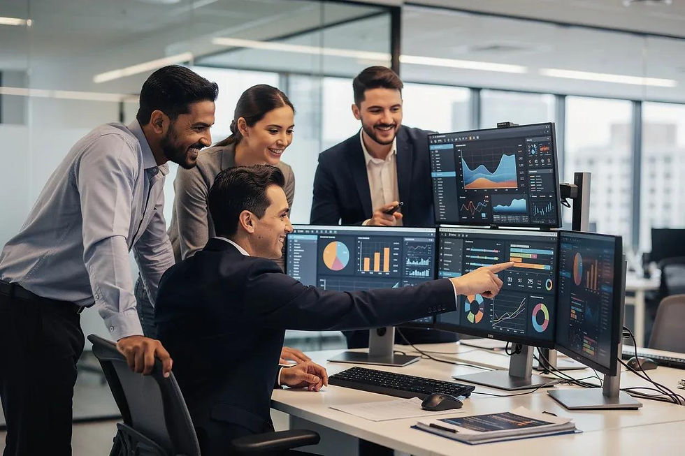 Four coworkers in a modern office smile and point at multiple data dashboards on computer monitors.