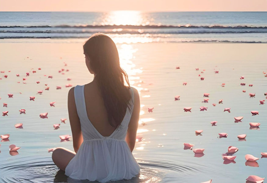 A woman in a white dress sits peacefully in shallow water, surrounded by floating pink petals at sunset.