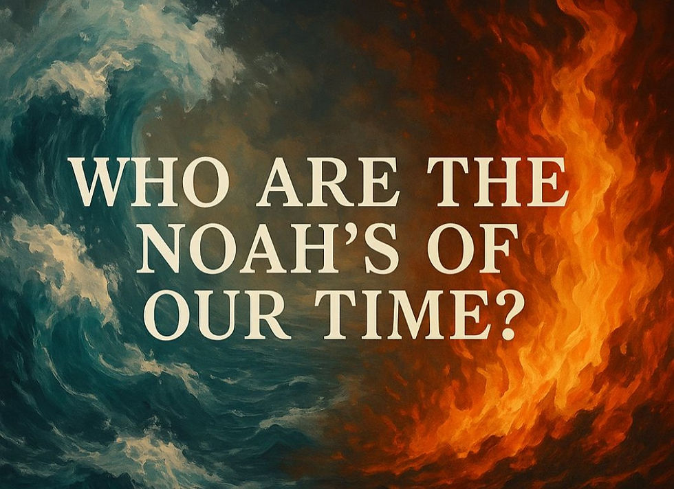 Text "Who are the Noah's of our time?" over a dramatic background of swirling blue waves and red flames, creating a contrasting effect.