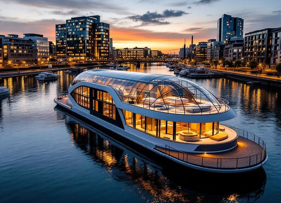 Modern glass-domed yacht illuminated at sunset in a city harbor. Surrounding buildings glow with lights, reflecting on calm water.