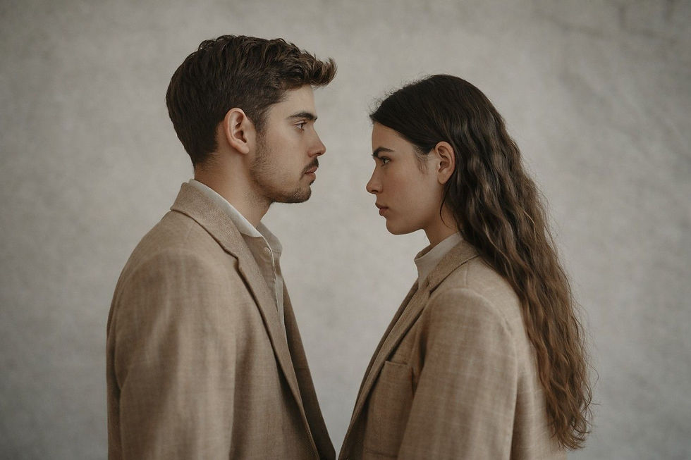 Man and woman in beige suits face each other intensely against a neutral background. The mood is serious and contemplative.
