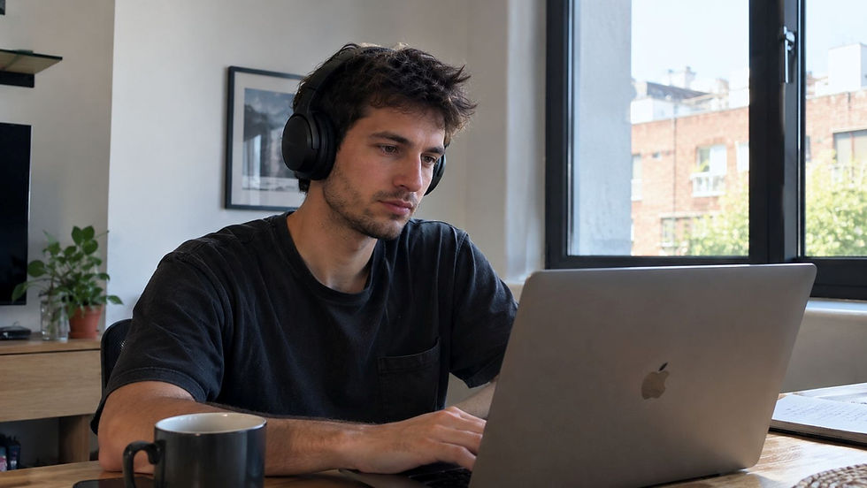 Young man wearing headphones works on a laptop at a wooden desk by a sunny window, focused, with a coffee mug nearby.