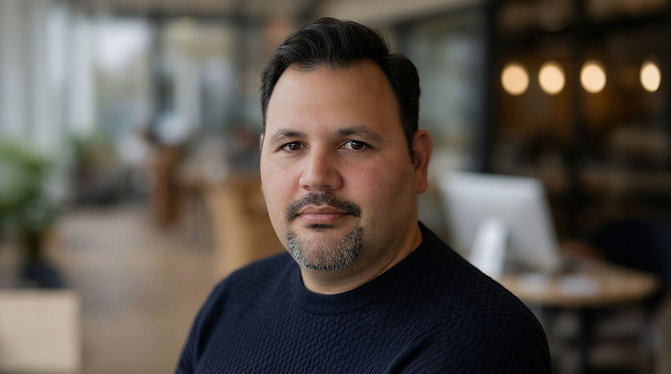 Man in a dark sweater smiling slightly, sitting in a modern office with blurred background, warm lighting, and a calm atmosphere.