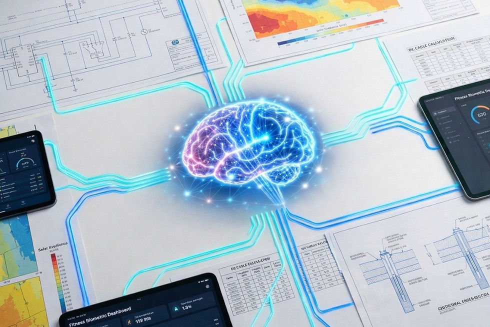 Glowing neon brain on a network of blue lines overlaid on technical drawings and charts, tablets display data, suggesting tech innovation.