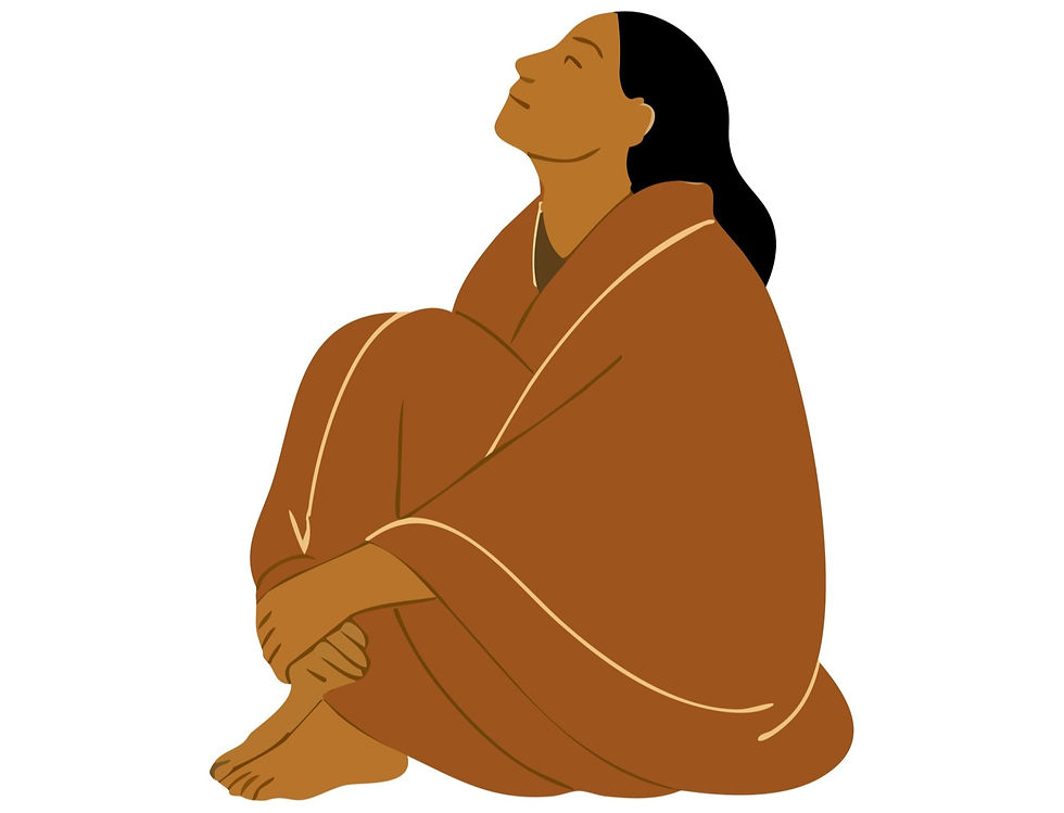 Illustration of a person with long hair, wrapped in a brown blanket, sitting with a serene expression against a white background.