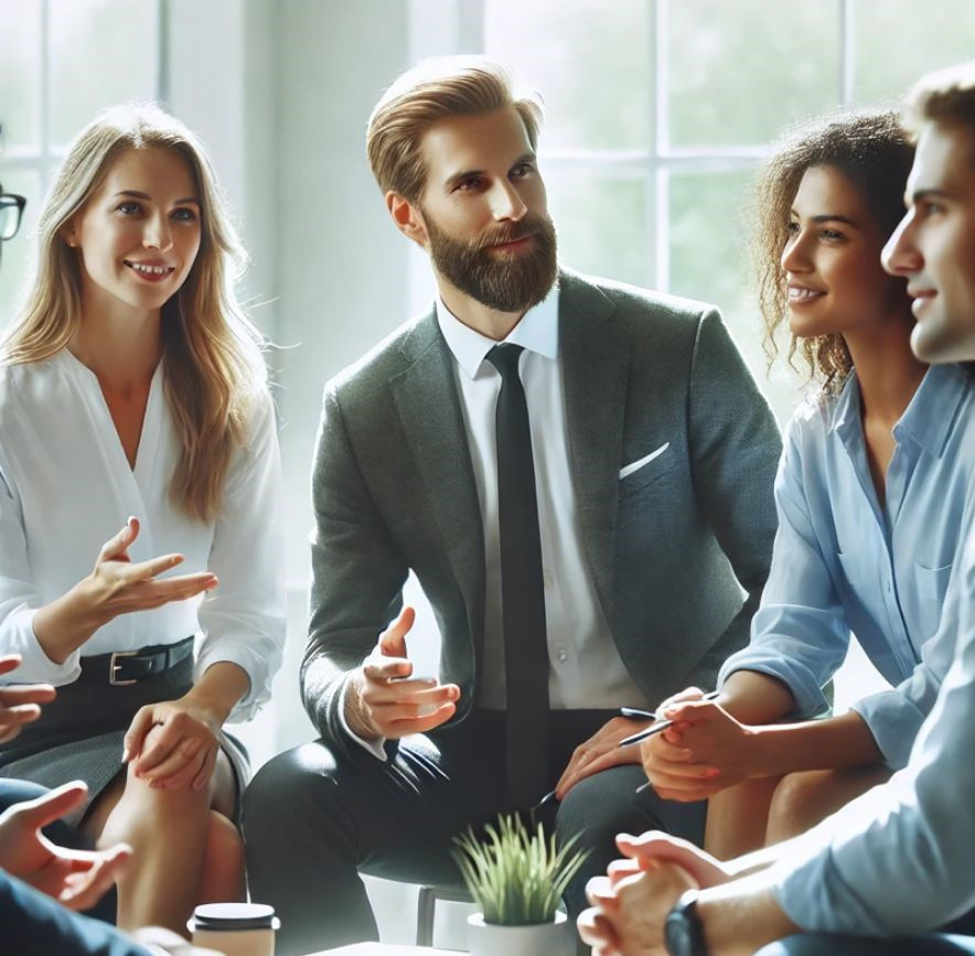 Business meeting with five people in formal attire, engaged in discussion. Bright setting with a window and plant. Collaborative mood.