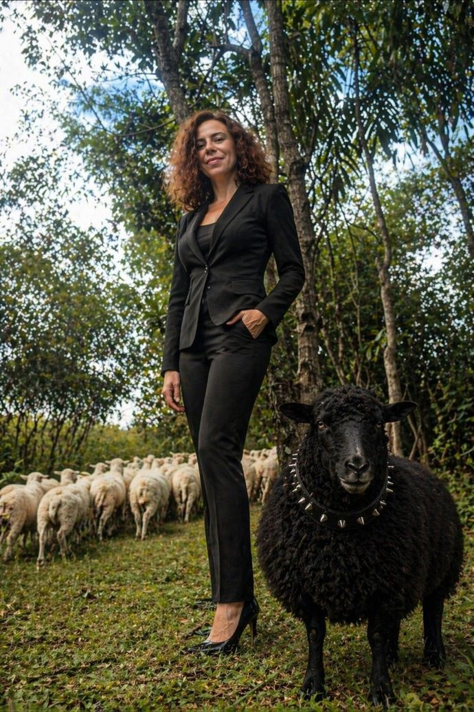 Woman in a black suit stands confidently next to a black sheep with a spiked collar, set in a lush forest with a flock of sheep behind.