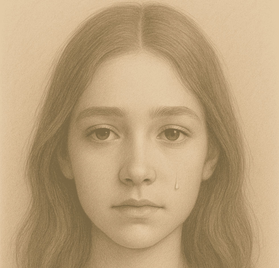 Sepia-toned drawing of a young girl with long hair, looking sad, a single tear on her cheek. Neutral background enhances emotional focus.