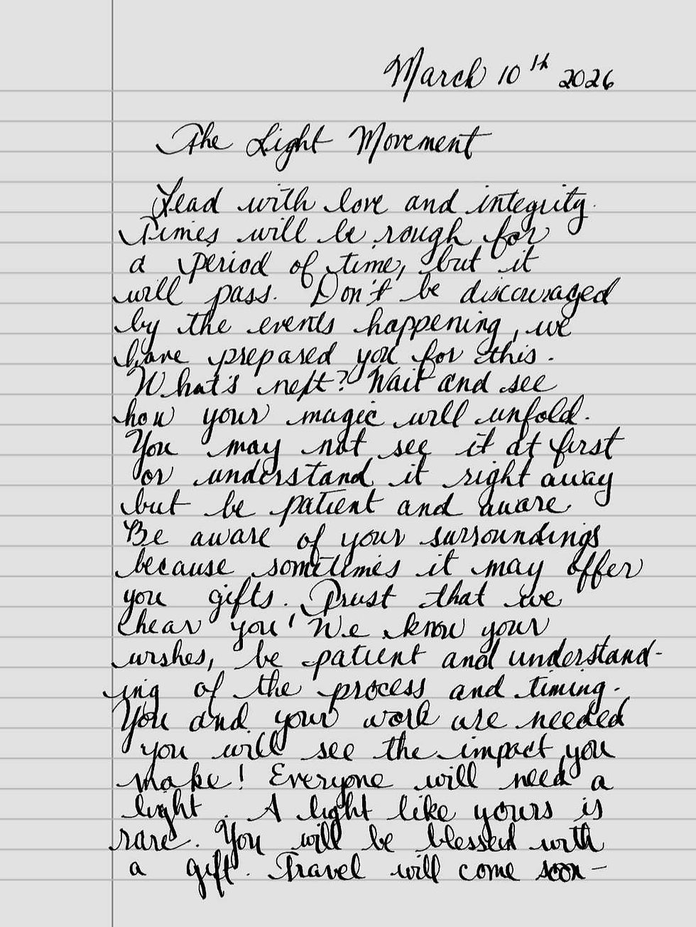 Handwritten note dated March 10th, 2026, titled "The Light Movement," offers encouraging words about love, patience, and perseverance.