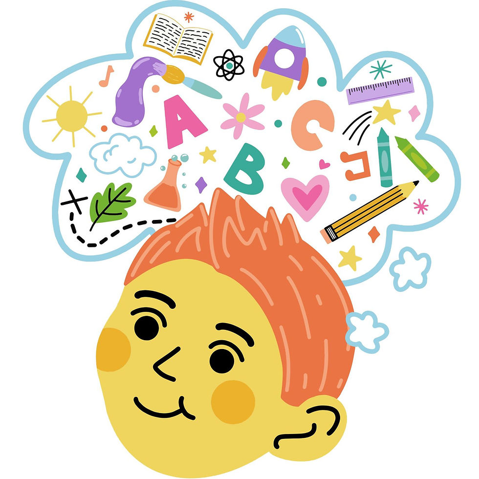 Cartoon of a happy kid with orange hair. A thought bubble shows books, crayons, sun, and letters, symbolizing creativity and learning.