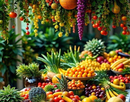 Vibrant display of fresh fruits on a table with an overhead arrangement of hanging produce and greenery; lush, colorful, and abundant setting.