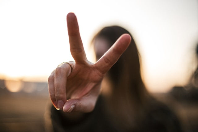 Focus photo of woman hand with peace sign