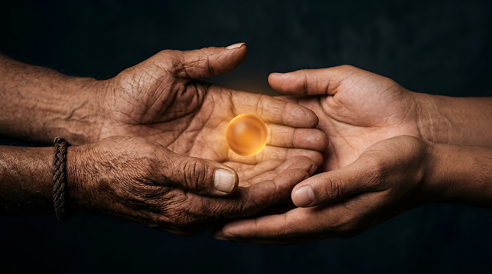 Two pairs of hands cup a glowing orange orb against a dark background, suggesting warmth and care.
