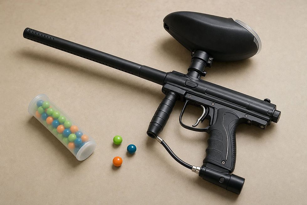 Black paintball gun on beige surface with a clear tube of colorful paintballs nearby. Three loose paintballs are scattered beside it.