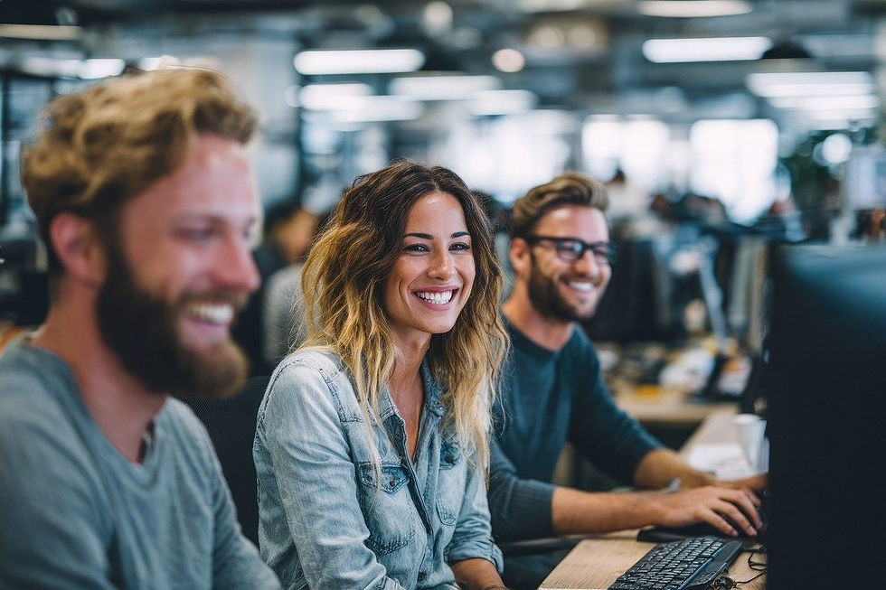 Three people smiling and working in a bright, modern office setting. They're sitting at computers, creating a lively and positive atmosphere.