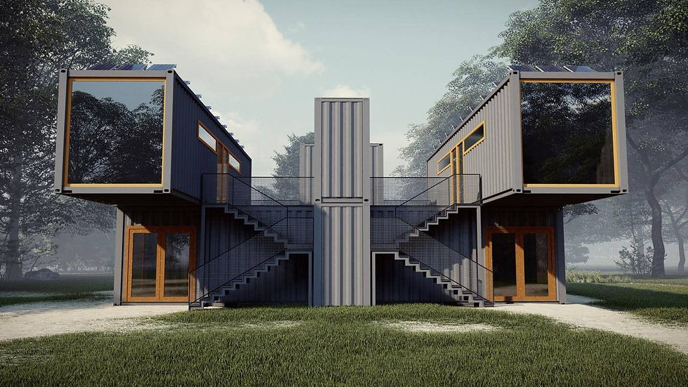 Modern container house with large glass windows, steel stairs, and surrounded by trees. Overcast sky and green grass add a serene feel.