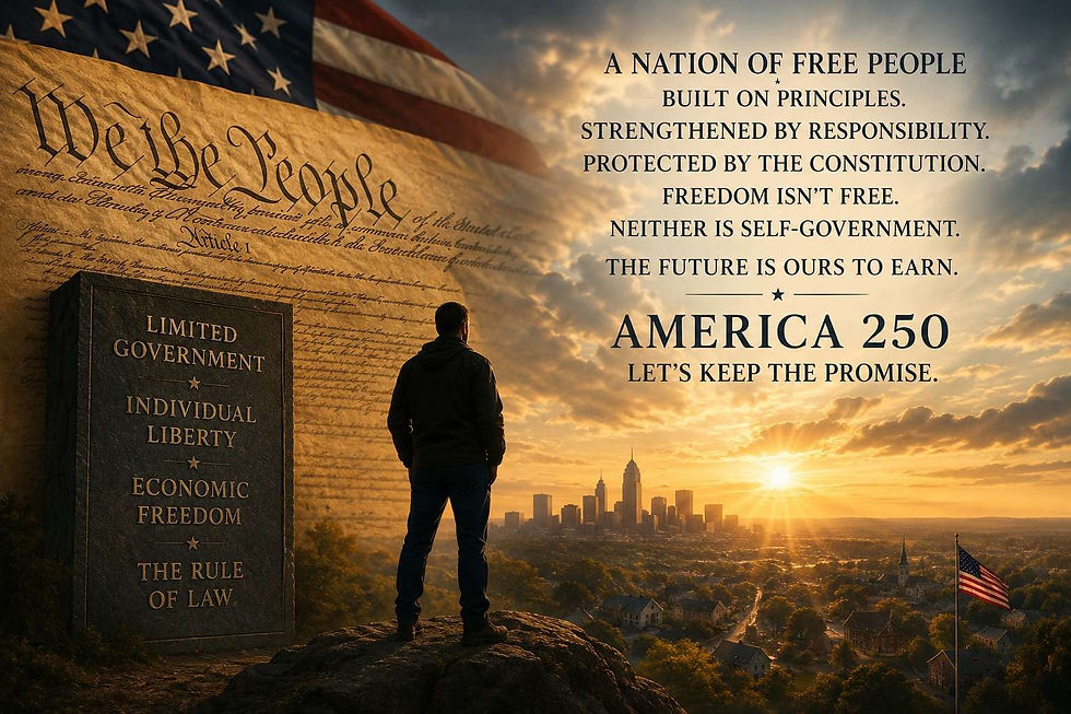 Man on a hill at sunset facing the U.S. Constitution and flag, with America 250 and liberty-themed text over a city skyline.