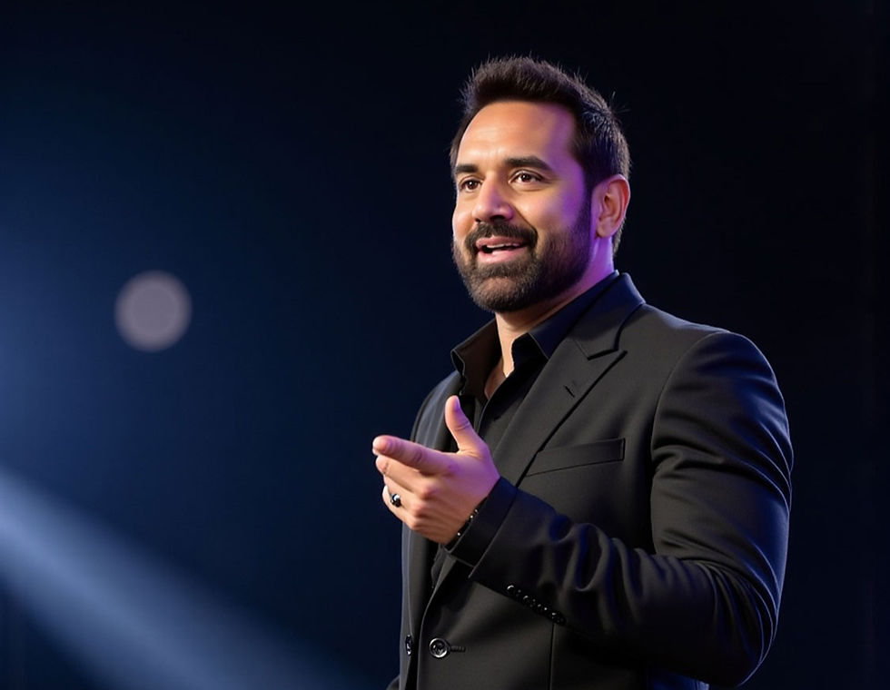 Man in black suit speaking passionately on stage, spotlight on him. Dark background with blurred lights, creating a focused, professional atmosphere.