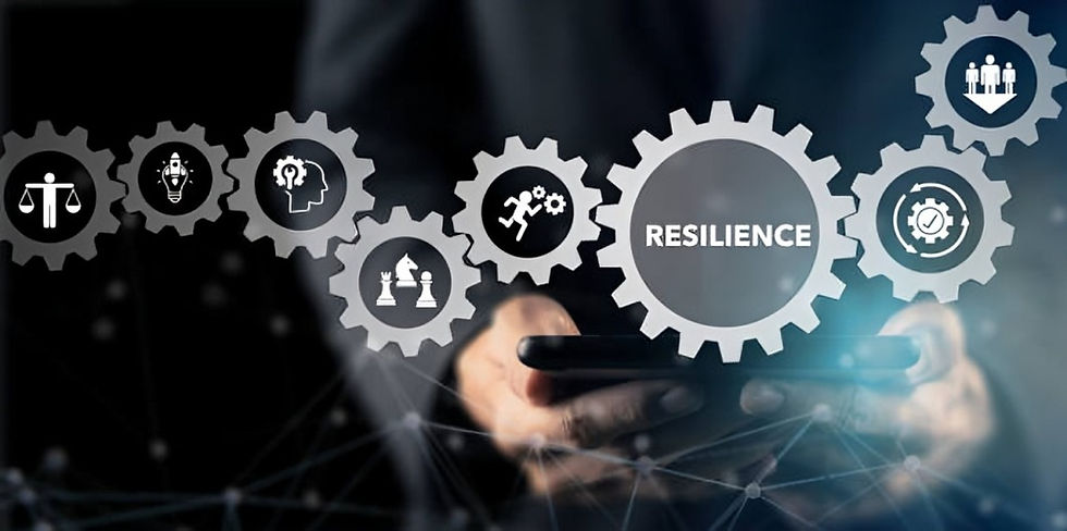 Hands holding a smartphone with gears labeled RESILIENCE and icons for balance, learning, strategy, growth, and teamwork.