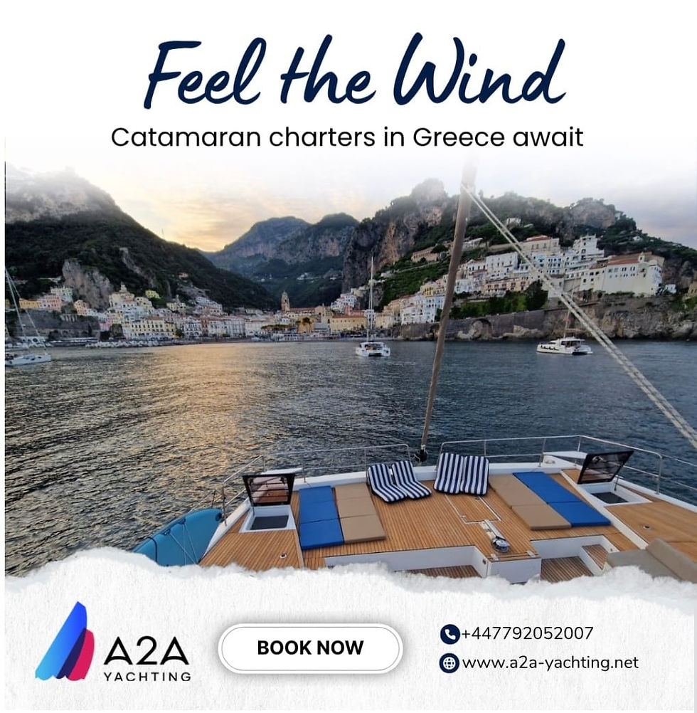 Catamaran deck with striped cushions, docked near a coastal town with mountains. Text reads: "Feel the Wind, Catamaran charters in Greece await."